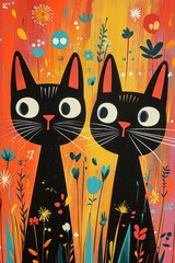 Two playful black cats with big eyes stand in a bright garden full of colorful flowers and playful background patterns