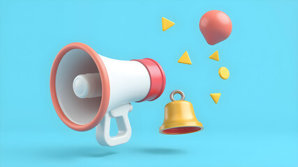 3D Cartoon Megaphone with Bell notification. Marketing time concept. Online news with loudspeaker. Social media promotion. Realistic elements isolated on blue background. Generative AI