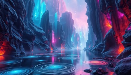 Fantasy Canyon with Glowing Crystals and Water Ripples.