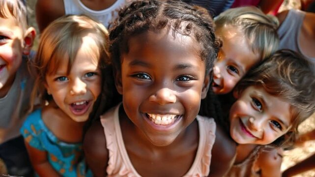 A diverse group of children playing together in a park, illustrating the joy and beauty of multicultural interactions.