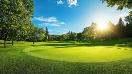 Obraz premium Scenic landscape of a golf course with well-maintained greens and a bright sunny day.