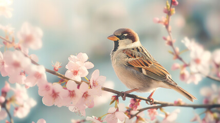 A sparrow sitting on a branch with blooming pink flowers