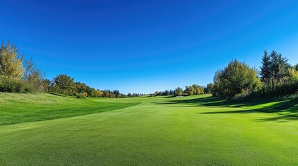 Scenic view of a golf course, with green fairways and a clear blue sky above.