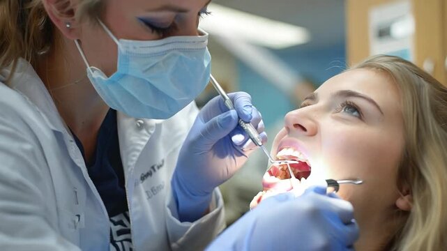 A dental hygienist cleaning a patient's teeth, emphasizing regular dental cleanings.