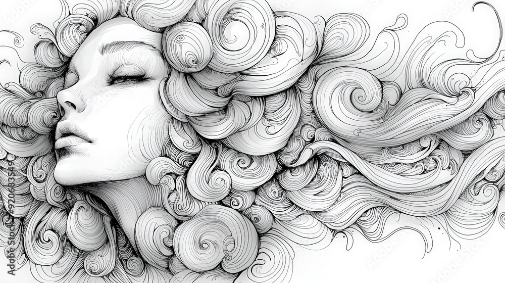 Poster a woman is depicted with flowing hair adorned by intricate swirls and patterns, creating a whimsical