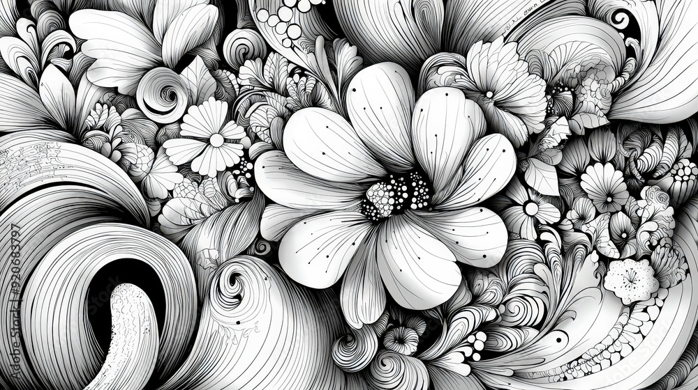 Poster delicate flowers and swirling patterns create a captivating black and white illustration filled with