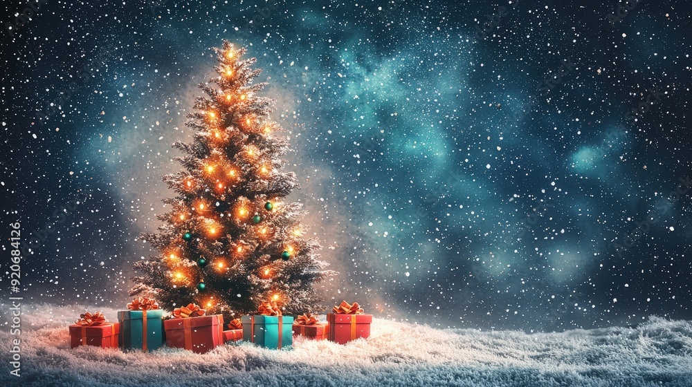 Poster Twinkling lights adorn a Christmas tree as snow falls gently around it, creating a festive atmosphere with brightly wrapped gifts at its base