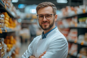 Fototapeta premium Happy quality control manager working in supermarket and looking at camera, Generative AI