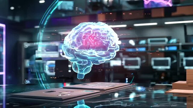 A holographic brain in a corporate setting, illustrating the application of large language model AI