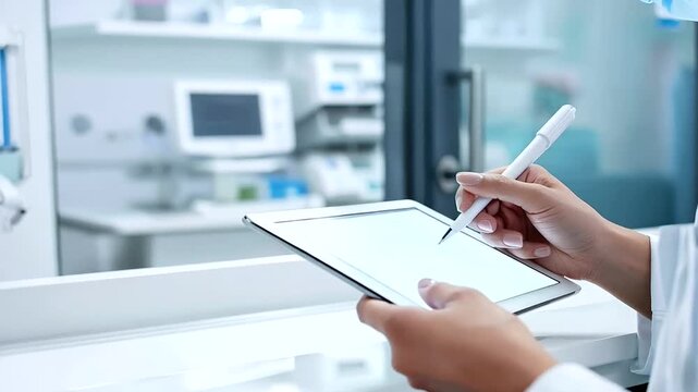 A high-tech reception desk where a patient is electronically signing consent forms on a sleek tablet interface