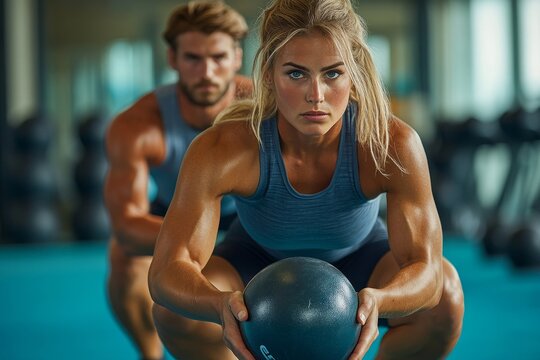 Athletic couple doing kettlebell goblet squat exercise during cross training in gym, Generative AI