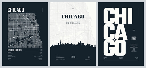Set of travel posters with Chicago, detailed urban street plan city map, Silhouette city skyline, vector artwork, set 2 © max_776