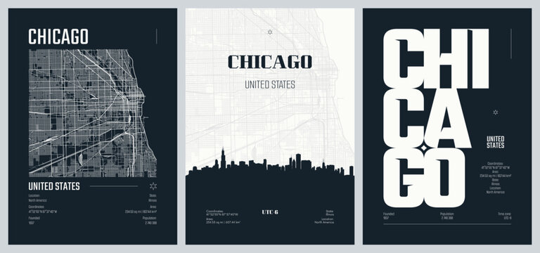 Set of travel posters with Chicago, detailed urban street plan city map, Silhouette city skyline, vector artwork, set 2