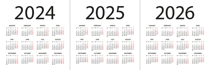 Calendar 2024, 2025, 2026 - illustration. Week starts on Monday. Calendar Set for 2024, 2025, 2026 years