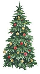 Watercolor decorated Christmas tree on white background
