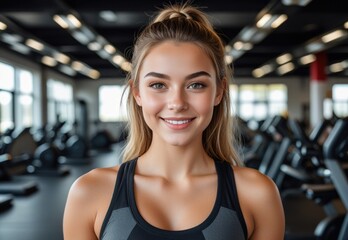 Fototapeta premium Teenage girl in a modern gym, standing and smiling at the camera, ready for her workout