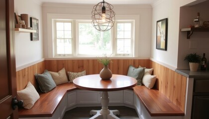 Fototapeta premium Cozy breakfast nook with a wooden bench and table.