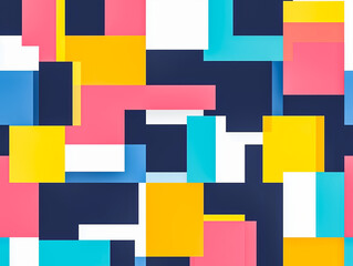 Blue, pink, and yellow geometric shapes dance in a flat, colorful pattern.