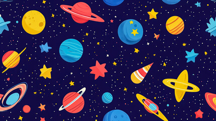 Colorful cartoon planets, stars, and comets dance in a playful, seamless pattern against a dark blue cosmic backdrop.