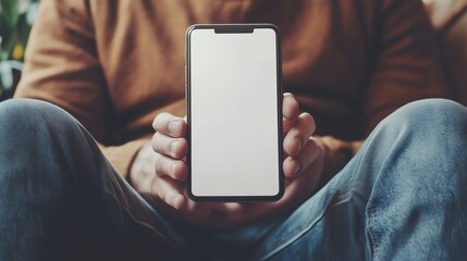 A person holding a smartphone with a blank screen while seated in a cozy indoor setting