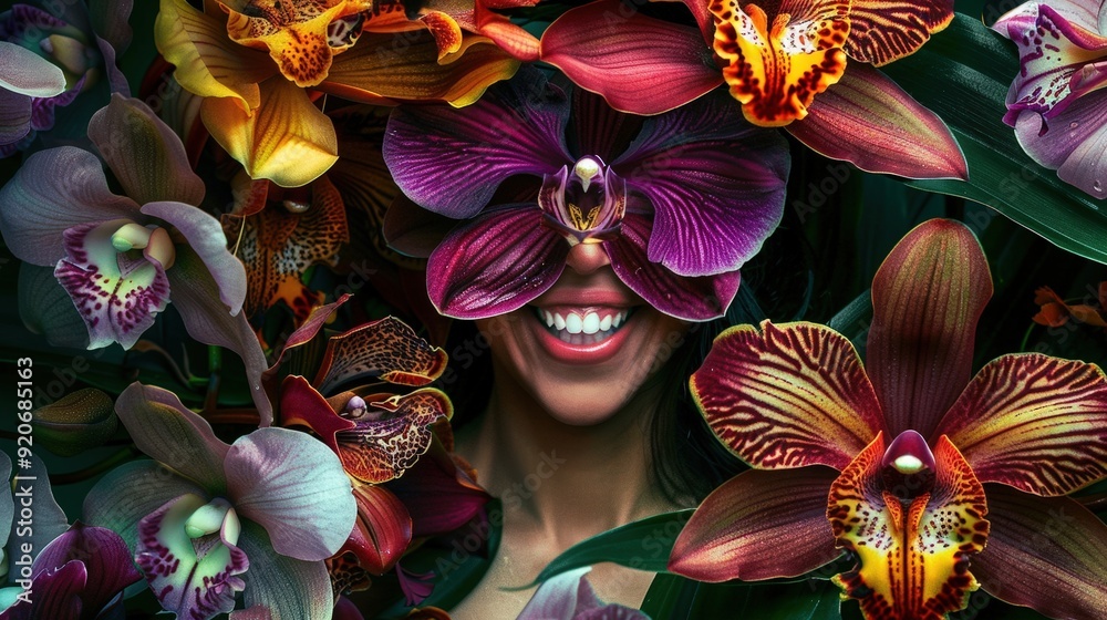 Wall mural A woman beams with happiness, her face partially hidden by colorful orchids in a thriving natural environment