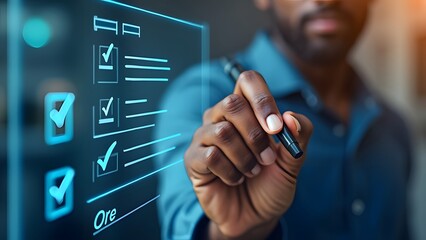 Man checking off digital checklist on futuristic interface in modern office