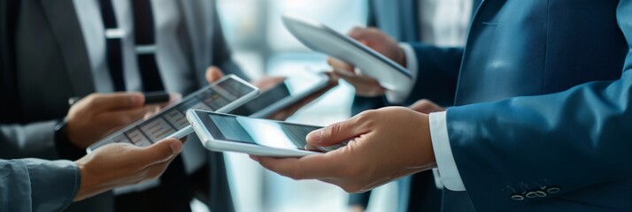 A group of business professionals in suits engage in an intense discussion, using tablets and exhibiting precise and technical interaction.