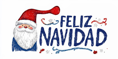 Fondo de navidad blanco con dibujo de papa noel y adornos navideños, con texto que pone Feliz Navidad