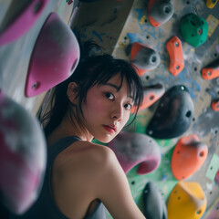 Naklejka premium ボルダリングをする若いアジア人女性