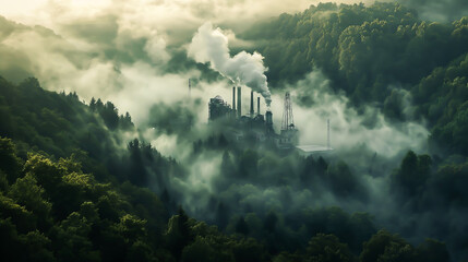 Fototapeta premium A factory emitting smoke amidst dense forest and mist, emphasizing industrial impact on nature and air pollution in a picturesque landscape