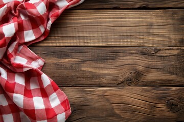 Red and white checkered tablecloth on a dark wood table background copy space