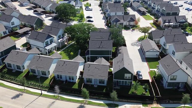 Flyover narrow lot house brand new single family units for rent along Northeast Green Oaks Boulevard in North Arlington, Texas, detached shotgun style homes in suburbs Dallas Fort Worth metroplex