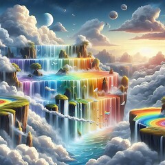 cascading waterfall that flows in all colors of the rainbow, surrounded by clouds and floating islands
A cascading waterfall that flows in all colors of the rainbow, surrounded by clouds and floatin