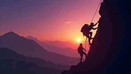 Sport Climbing Silhouettes Against a Purple Sunset