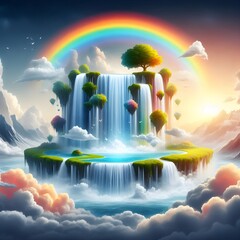 cascading waterfall that flows in all colors of the rainbow, surrounded by clouds and floating islands
A cascading waterfall that flows in all colors of the rainbow, surrounded by clouds and floatin