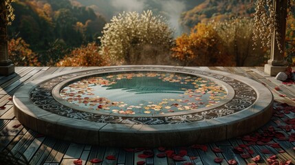 Serene Luxurious Outdoor Bath Surrounded by Autumn Foliage in a Tranquil Location