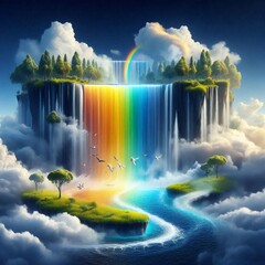 cascading waterfall that flows in all colors of the rainbow, surrounded by clouds and floating islands
A cascading waterfall that flows in all colors of the rainbow, surrounded by clouds and floatin