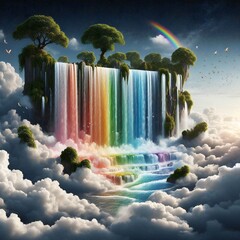 cascading waterfall that flows in all colors of the rainbow, surrounded by clouds and floating islands
A cascading waterfall that flows in all colors of the rainbow, surrounded by clouds and floatin