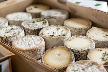 A box of cheese with many different types of cheese. The box is white and brown