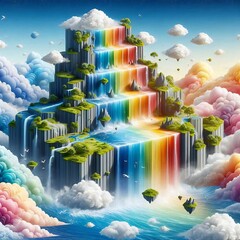 cascading waterfall that flows in all colors of the rainbow, surrounded by clouds and floating islands
A cascading waterfall that flows in all colors of the rainbow, surrounded by clouds and floatin