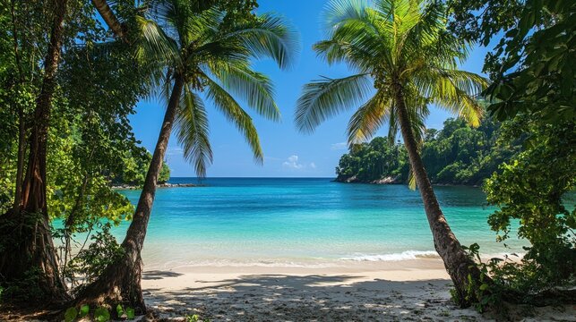 Stunning beach in Jamaica with tall palm trees and turquoise sea under a clear blue sky. Tropical paradise.