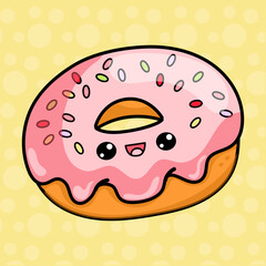 Hand drawn illustration of a donut in kawaii style. 
