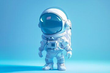 A cute, small astronaut figure stands in full gear against a blue gradient background, perfect for children's space-themed content, toy promotions, or educational materials on space exploration,