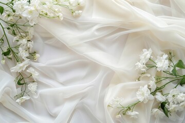 This soft, white fabric is beautifully draped with delicate flowers, making it ideal for elegant design projects