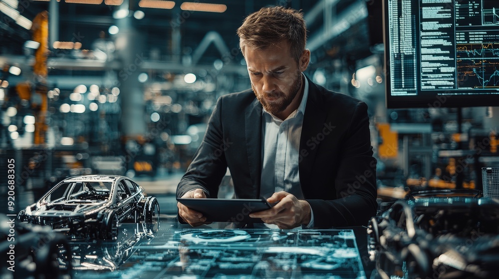 Poster A focused engineer reviews automotive design data on a tablet surrounded by models and digital screens in a high-tech workspace