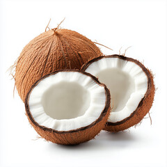 A coconut rests on a plain white background, its brown, hairy shell and round shape creating an eye-catching focal point