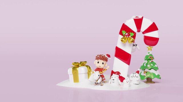 3d santa claus kids and cute monster friends with reindeer, candy cane, jingle bell, pine tree isolated on purple background.  merry christmas, happy new year, 3d render illustration, alpha channel
