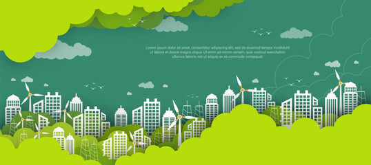 Sustainability. Concept green energy, Green building ecology friendly building, sustainable industry,  windmills energy. vector illustration green background.