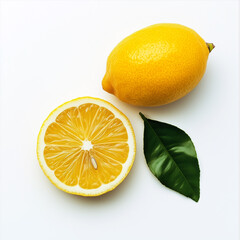 A lemon sits on a plain white background, its sunny yellow color and textured skin creating a fresh and inviting appearance........
