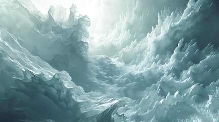 A surreal, abstract image showcasing icy, misty waves and peaks reaching towards a bright sky, suitable for backgrounds, themes of nature, tranquility, and creativity,